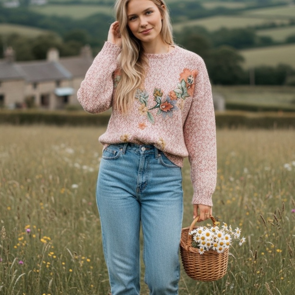 VINTAGE PENBROOKE LANE FLORAL EMBROIDERED SWEATER WITH PEARLS MEDIUM COTTAGECORE